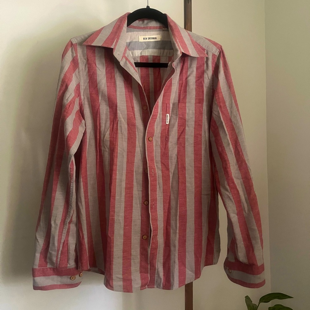 Ben Sherman Grey and Red Striped Long Sleeve Button Up Shirt